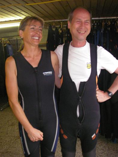 Irma from the Austrian Tourist Board, and Pete, having trouble with the zip