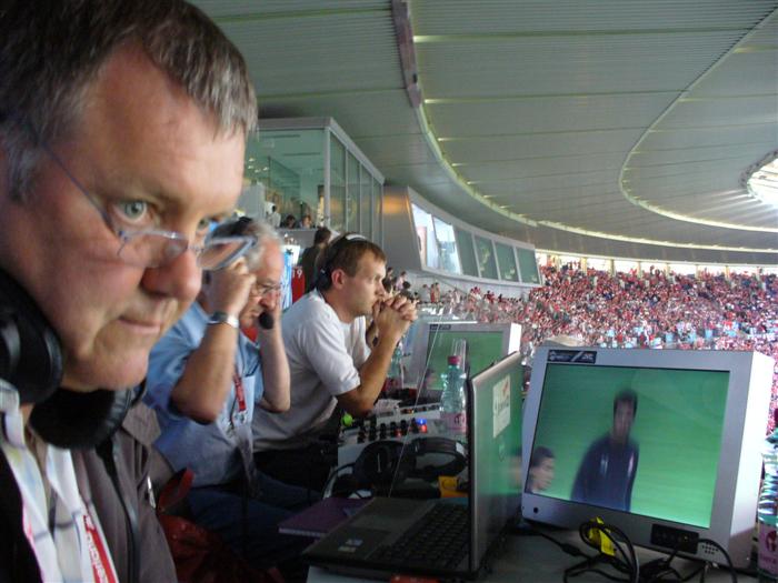 Clive Tyldesley commentating, Ken Stephenson commentary engineer, Lee IBC engineer on a freebie